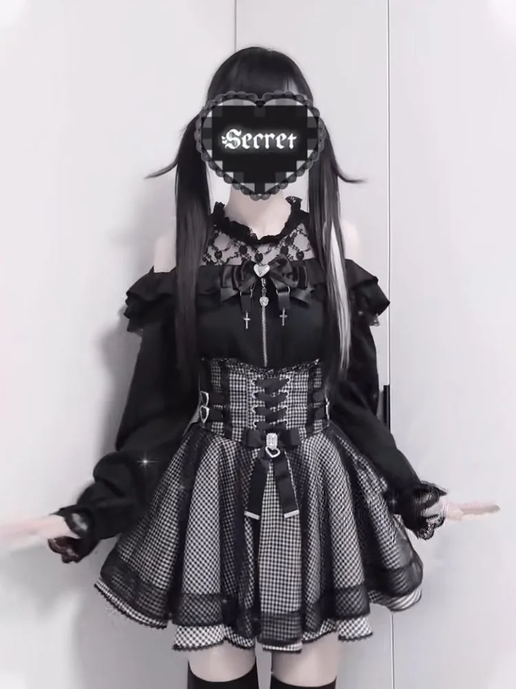 

2000-е годы Лолита Каваи Комплекты из 2 предметов Сладкие кружевные тонкие топы с длинными рукавами + мини-юбки с бантом Вечерняя одежда Y2k Винтажные костюмы