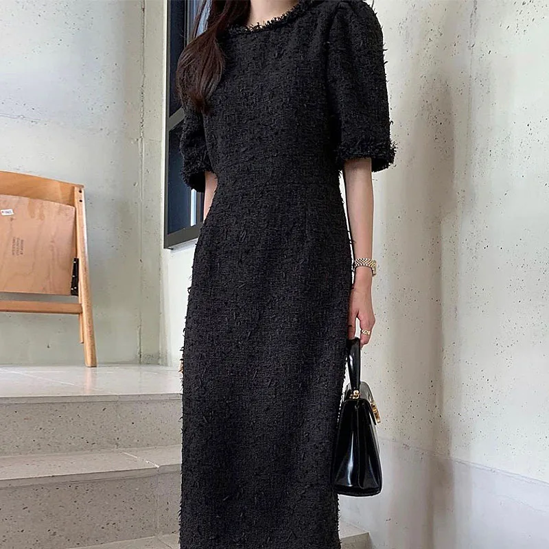 Ele Chic Wollen Dr Dames Slim Fit Ronde Ne Five Sve Lange Rok Koreaanse Sle Hoge Taille Winterseizoen Faion