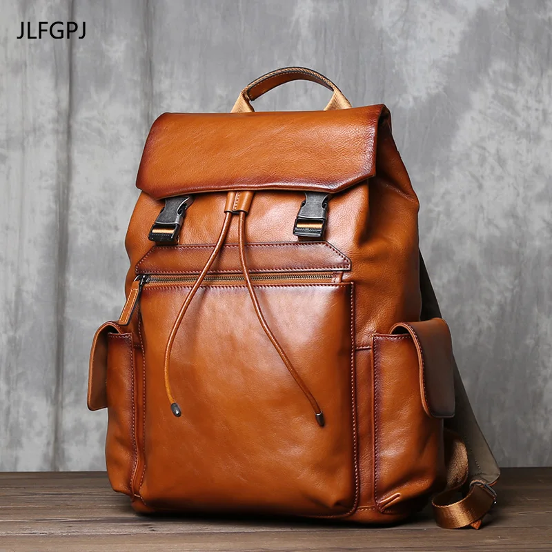 Solid Color High-capacity Tree Cream Genuine Leather Backpack With Simple Drawstring Top Layer Cowhide 15 Inch Computer Bag