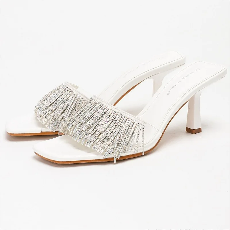 Luxury Rhinestone Tassel Heeled Slippers Women Pvc 2026 New Open Toe Elegant Sandal Female Sexy Designer High Heels Women Slides