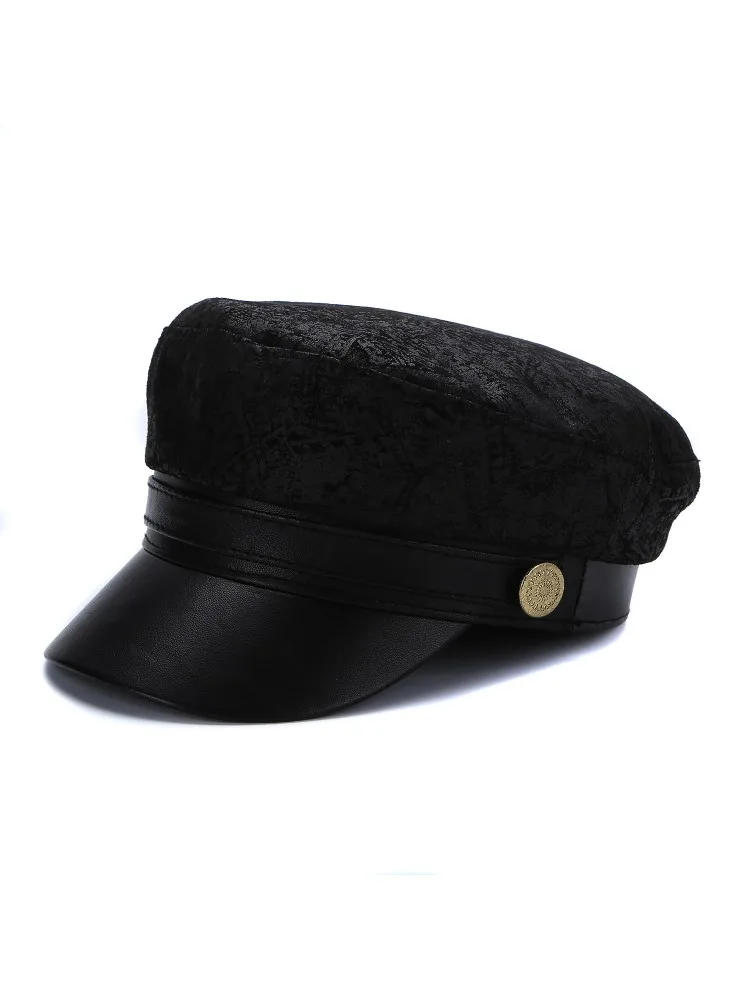 Women Autumn Natural Sheepskin Peaked Cap Winter Student Genuine Leather Military Hat Casual Sun Protected Letters Printed Hats