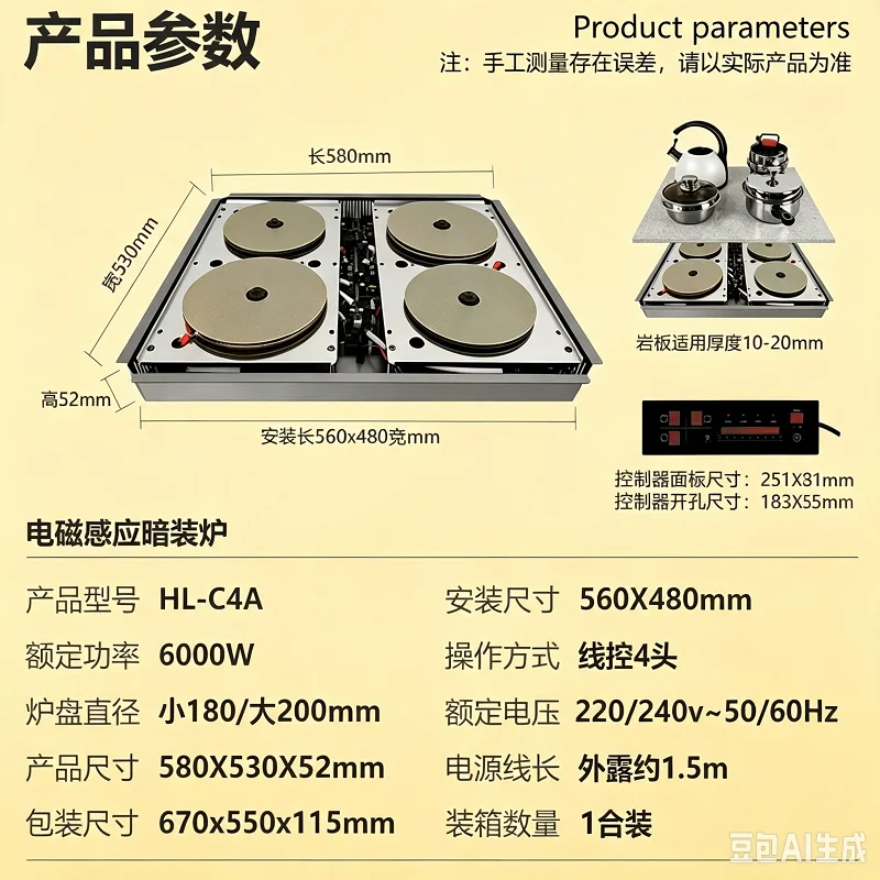 Built-in 4-zone induction hob, 6000W, concealed induction hob, suitable for stone worktops, with separate wired control panel