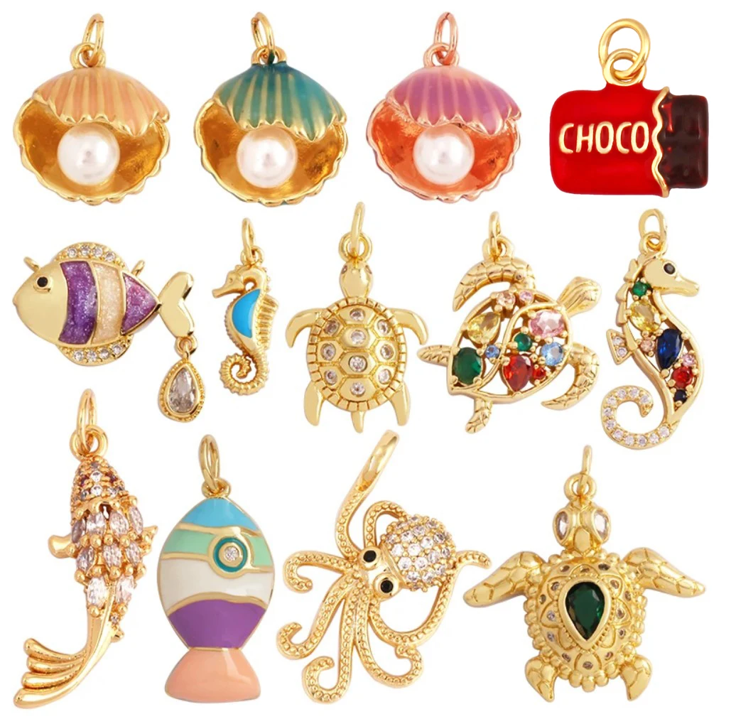 Blue Ocean Sea Horse Turtle Conch Fish Octopus Shell Charm Pendant,18K Gold Plated Zircon Jewelry Findings Accessories Supplies