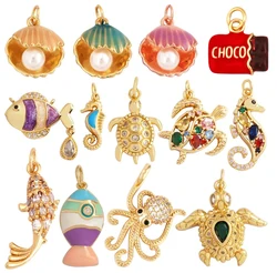 Blue Ocean Sea Horse Turtle Conch Fish Octopus Shell Charm Pendant,18K Gold Plated Zircon Jewelry Findings Accessories Supplies