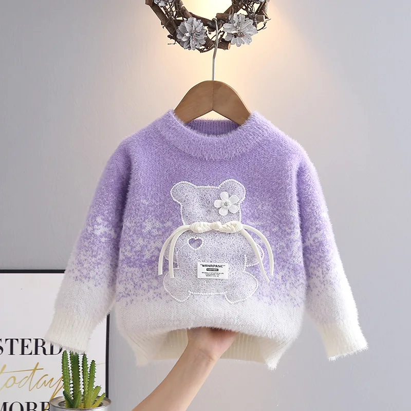 Fall Winter Baby Girls Sweater Bring Heat with Furry Looks Long Sleeve Little Girl Pullovers Jacquared Colorful Knitwear HY09051