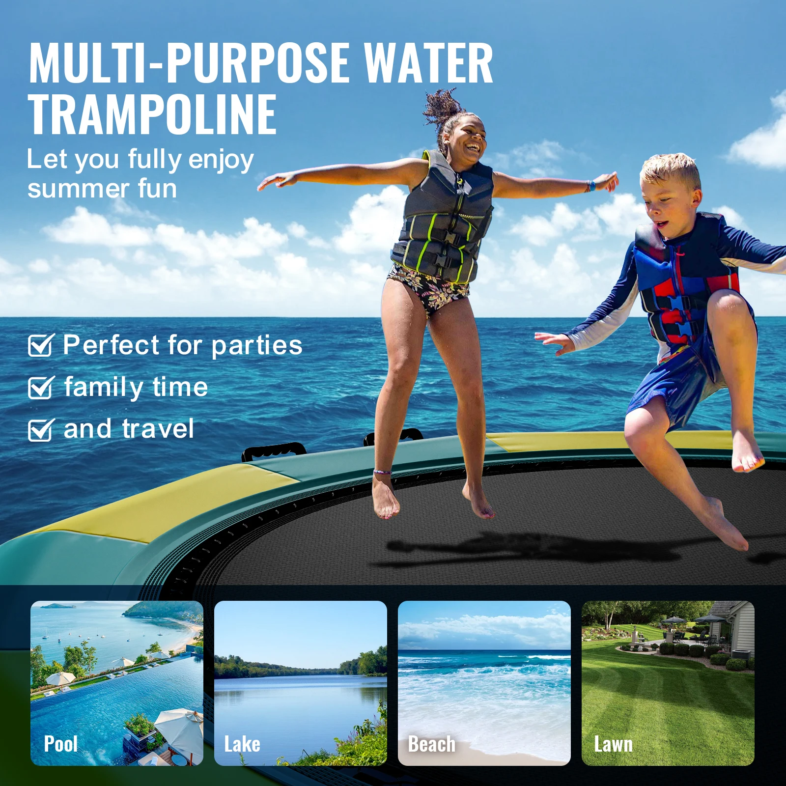 VEVOR 13ft Inflatable Water Bouncer Recreational Water Trampoline Portable Bounce Swim Platform Kids Adults Floating Rebounder