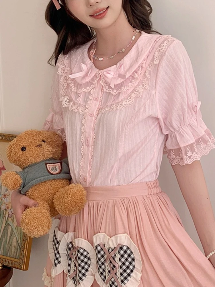 Japanese Lolita Cute Girls Short-sleeved Tops Women Sweet Lace Bow Shirt Single-breasted Blouse Doll Collar Slim Summer Tees New