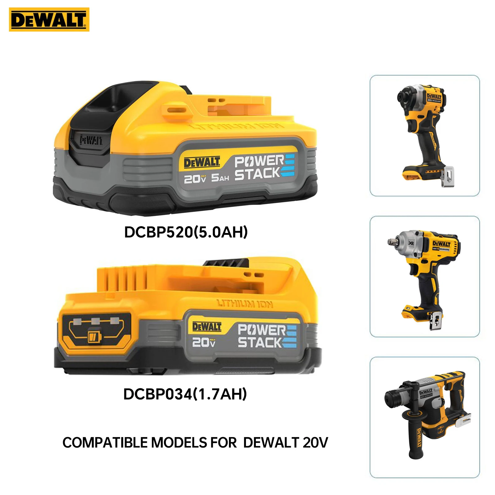 DEWALT 20V Compact Battery DCBP034 DCBP520 MAX* POWERSTACK™ 1.7A.h 5.0AH Replacement Li-ion Battery for DeWalt MAX XR Power Tool