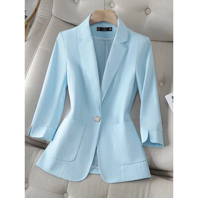 Chaqueta de traje de manga larga para mujer, abrigo Formal de negocios con un solo botón, azul y amarillo, para primavera y verano, 3/4