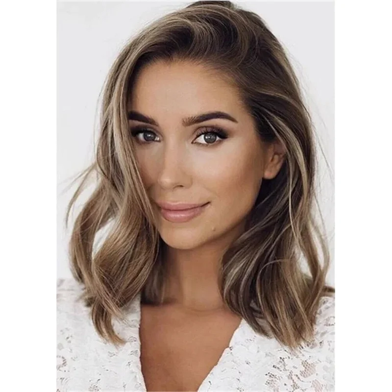 Hair New Fashion Women's Medium Natural Golden Brown Wavy Wigs 14 Inch