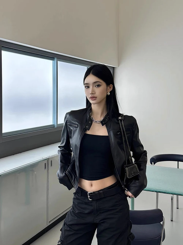 

Винтажная укороченная куртка из искусственной кожи для женщин Y2K, осенняя уличная одежда, свободный воротник-стойка, черные пальто, корейская шикарная верхняя одежда на молнии, новая