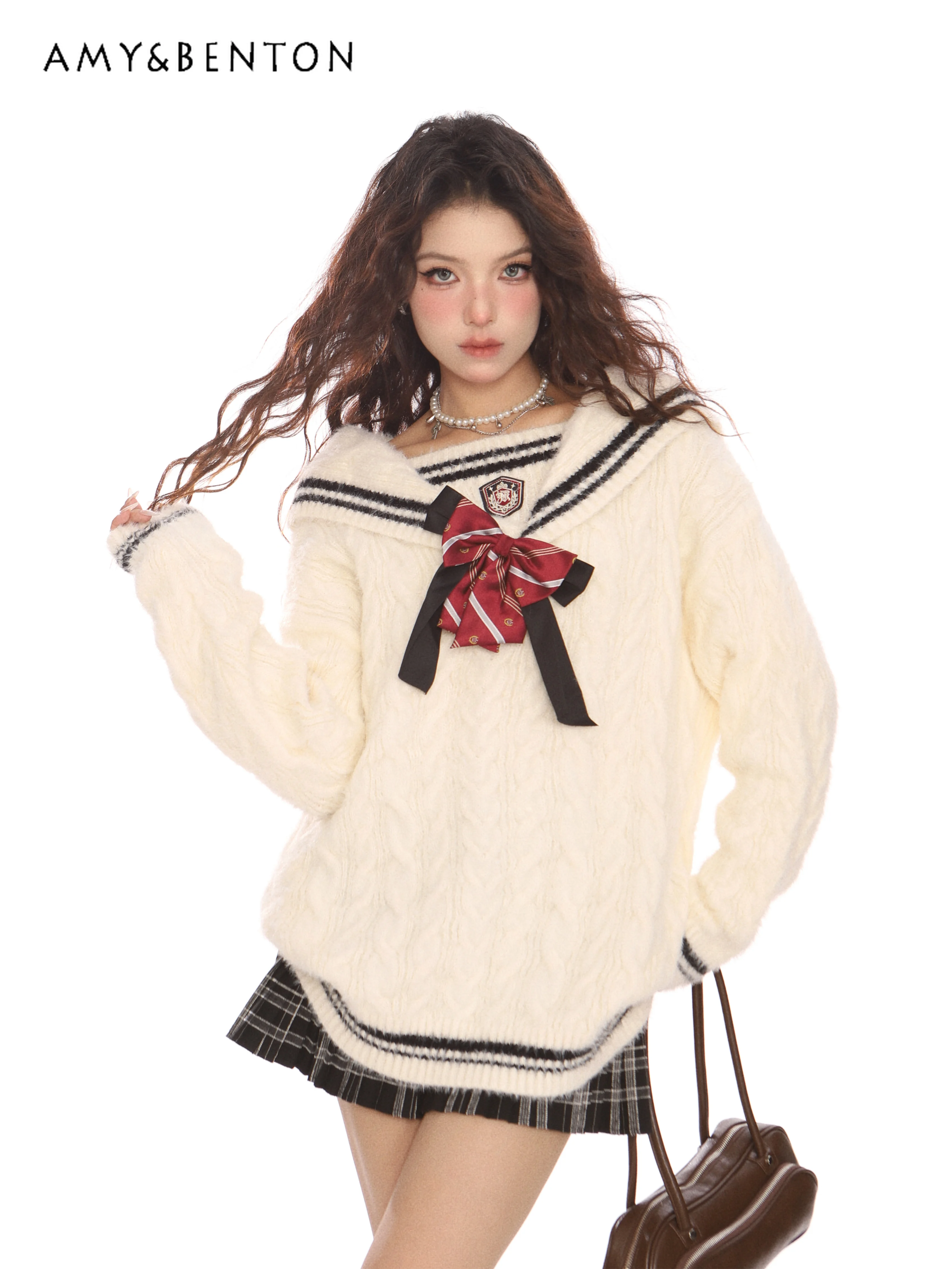 秋冬新作ホットセールカレッジスタイルレディースルーズカジュアルボウネイビーカラーオフホワイトブルーストライプニットセーター