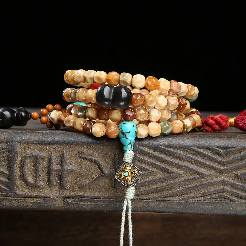 Natural Jade-like Multi-coloured Dragon-spine Bodhi “Formless” 108-bead Buddhist Prayer Beads, Tibetan-style Collectible