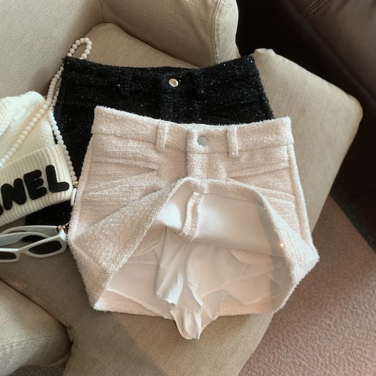 Women's Autumn Winter Elegant Sequined Tweed Mini Skirt Lady Streetwear High Waist A Line Short Skirt