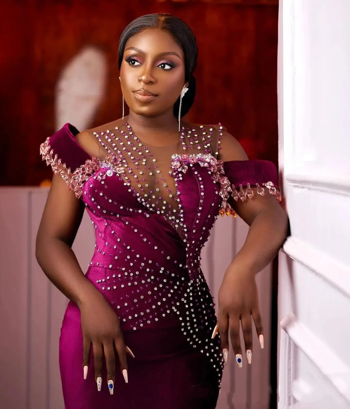 Africa Aso Ebi Prom Dresses for Special Occasions Illusion Beaded Tulle Crystals Decorated Birthday Reception Dress Customized