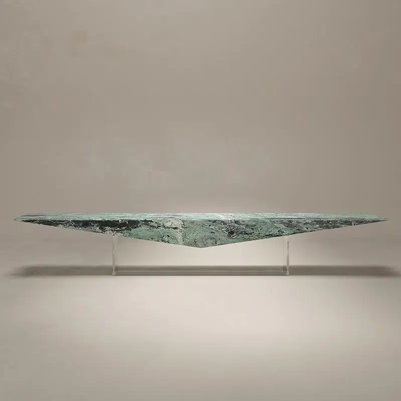 Emerald in Clouds Marble TV Console Italian ENF Acrylic Media Stand, Luxury Natural Stone Minimalist Furniture for Living Room