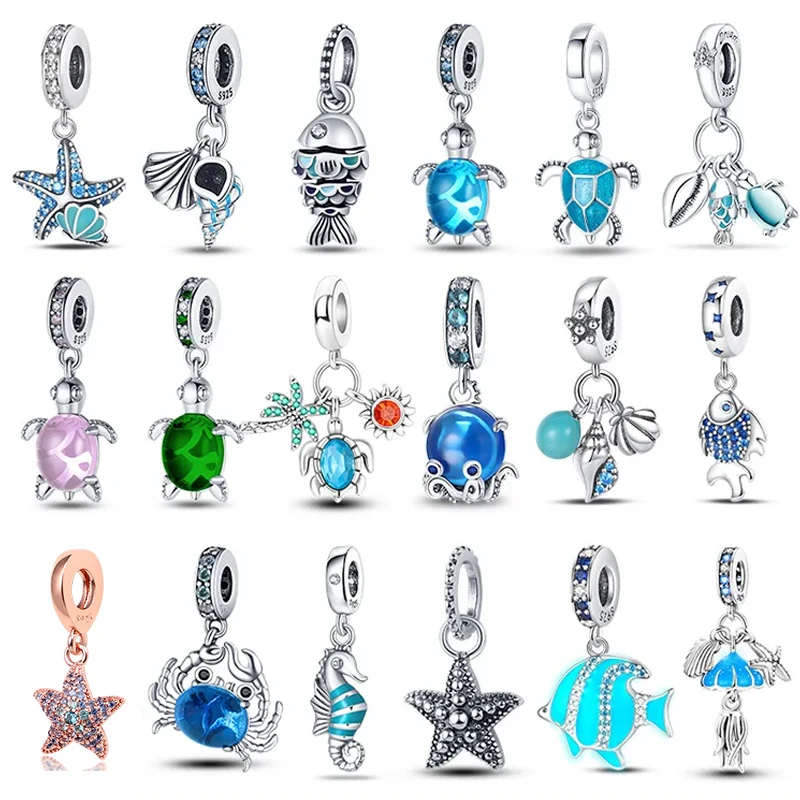 Original Ocean Series Fit Pandora Bracelet 100% Authentic 925 Sterling Silver Turtle Crab Mermaid Charm Beads DIY Jewelry Gift