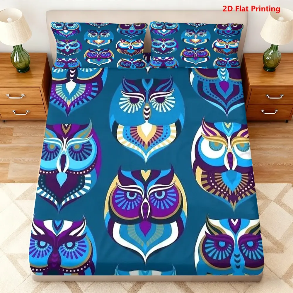 Colorful Owl Face Printed Bed Sheets Full Set, Printed Bed Sheets, Mattress Protector, Breathable Polyester Material (Includes 1 Fitted Sheet + 2 Pillowcases), Mattress Protector, Elastic Fitted Bed Sheet, Protective Cover, Mattress Protector, Fitted Bedding, Christmas Themed Bedding, Baby Bedding, Suitable for Nursery Room