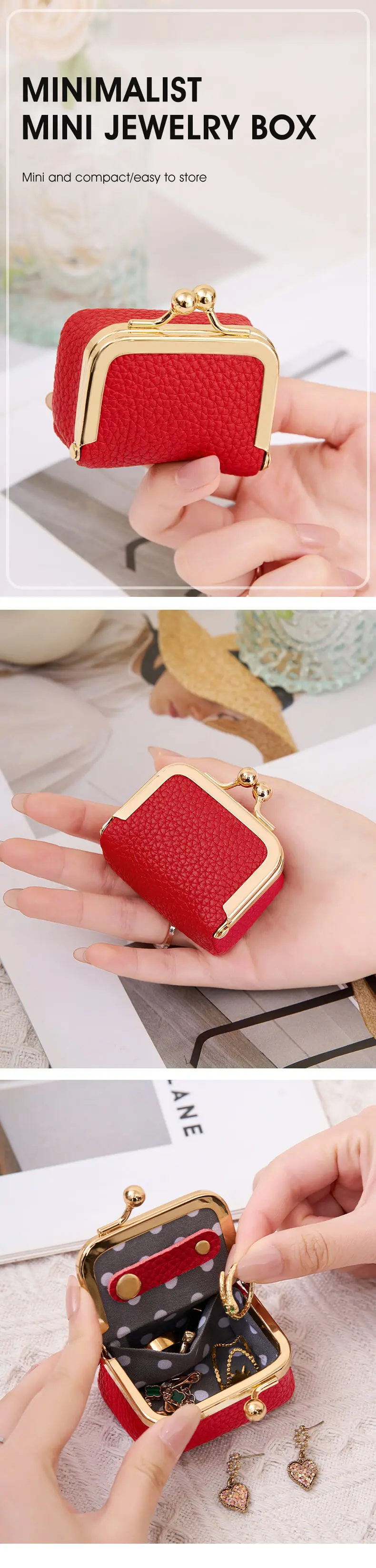 Neue Damen-Schmuckbox aus Kunstleder in Uni-Farbe, Aufbewahrungsbox für Ringe, Halsketten, Ohrringe, Mini-Münzbörse mit Kussverschluss – Detail 1
