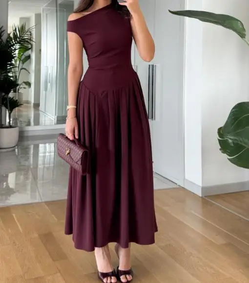 

Summer Solid Color Slanted Neck Waist A-Line Dress for Women, Elegant and Fashionable Slim Fit Solid Color Sleeveless Dress