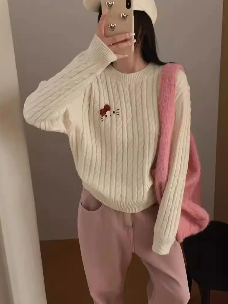 

Вязаный свитер с мультяшным узором для женщин, зимний, с круглым вырезом, мягкий, с длинными рукавами, базовый топ