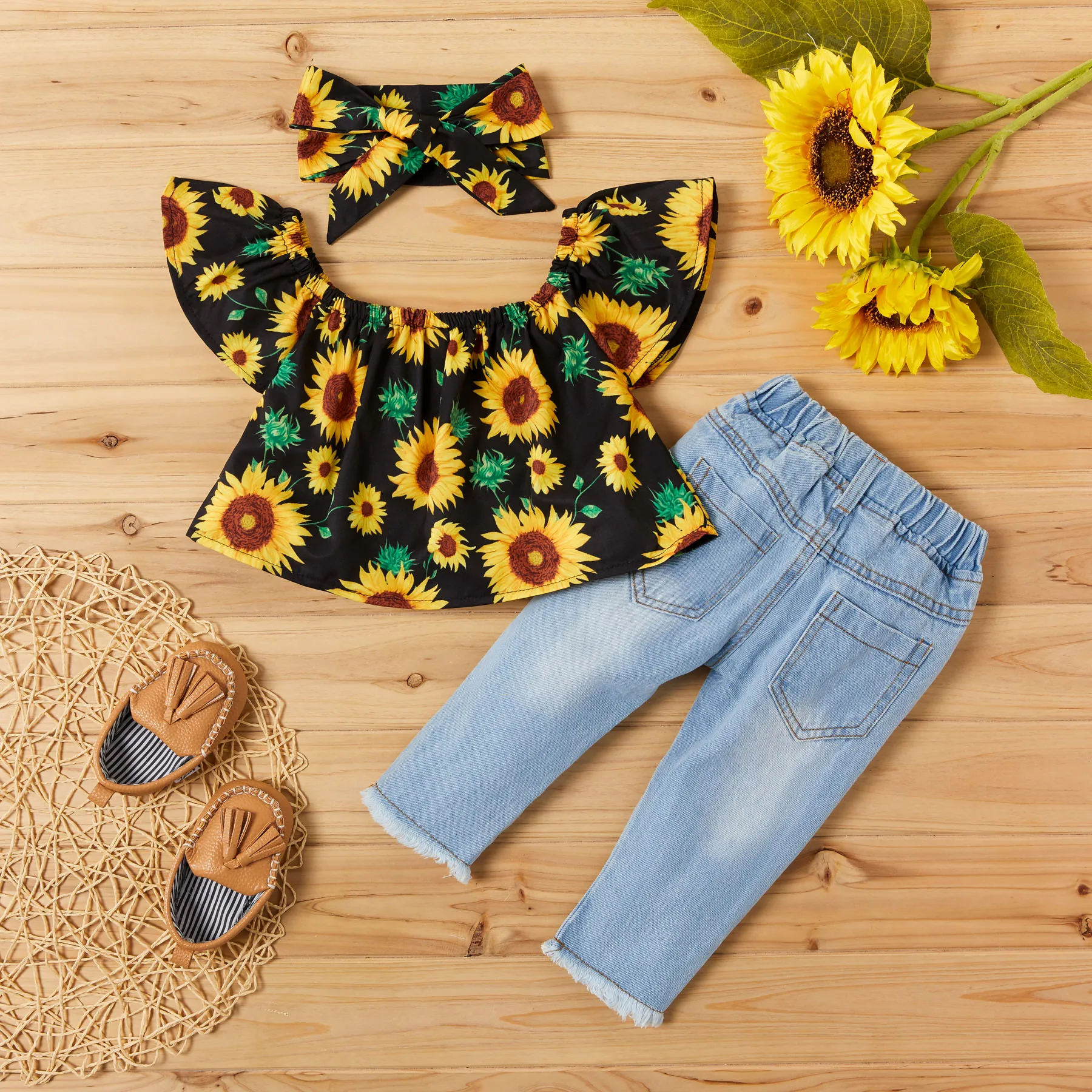 PatPat 3pcs Sunflower Print Short-sleeve Baby Set Soft and Comfortable  Perfect for Outings and Daily Wear Basic Style