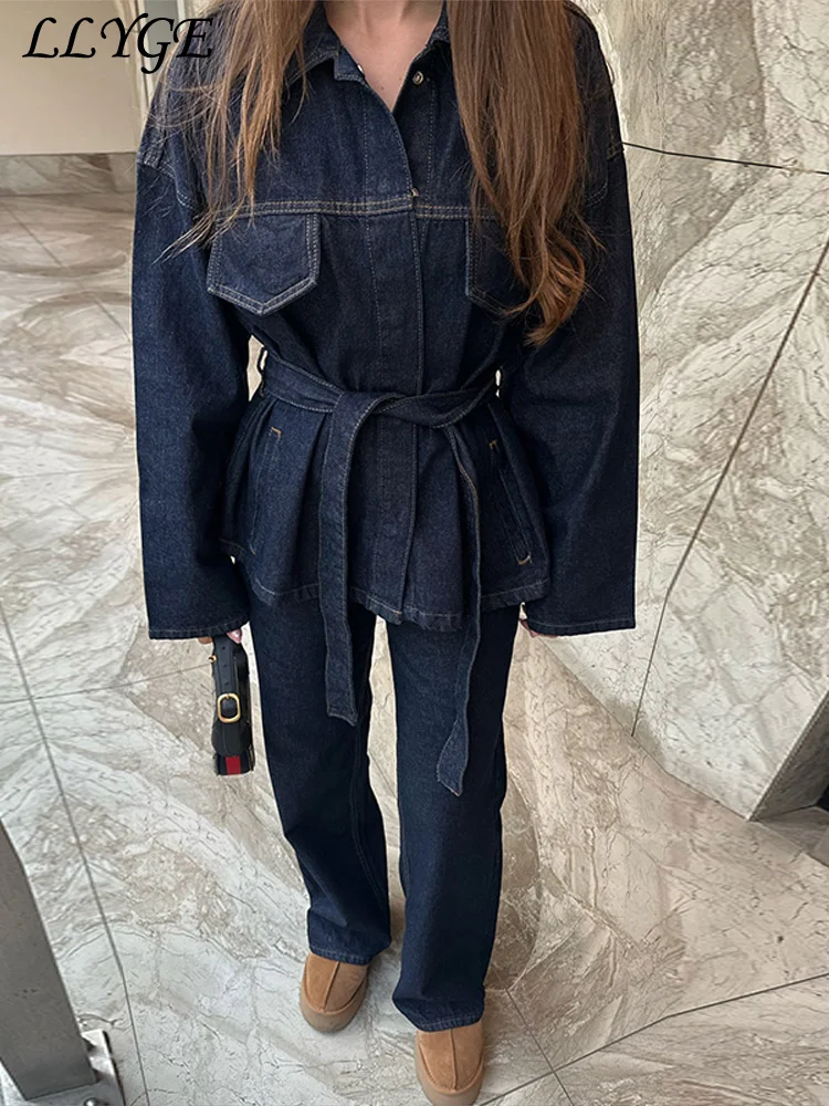 Vintage gesplitste denim jas broek set vrouwen riem enkele rij knopen jassen zakken rechte jeans 2025, lente dame straat outfit