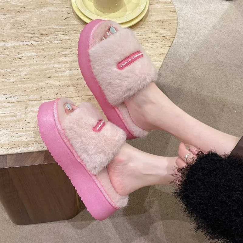 2024 Winter New Cotton Slippers Thick Bottom Fur Shoes Outer Wear Comfortable Leisure Hundred Senior One Word Drags