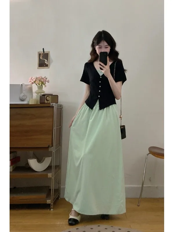 

Chic plus Size Dress Summer Design Color Block Waist Cinching Slimming Fake Two-Piece Short Sleeve Gown Korean Style Loose Fit