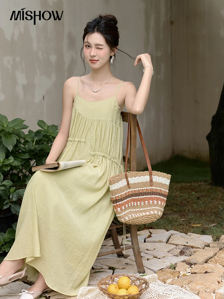 MISHOW Irregular Pleated Suspender Long Dress for Women 2026 Summer Olive Green Dress Loose Drawstring Waist Dresses MXD31L1928