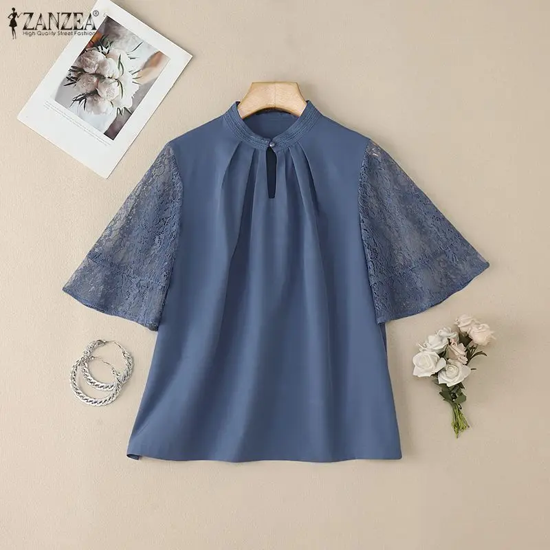 

Стильная женская блузка Patcwhork 2026 ZANZEA, летняя элегантная рабочая рубашка с короткими рукавами, стильные однотонные праздничные топы с вырезами, туника
