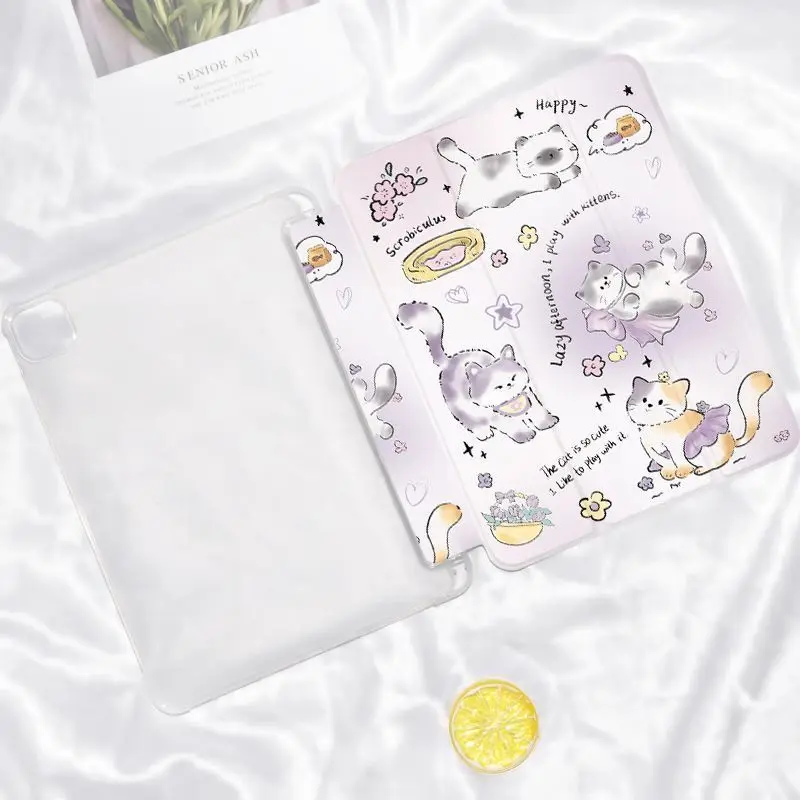 Lilac Flower Cat Tri-fold Flip iPad Case with Pen Slot, for 11th Gen Pro/Air7/8/6/9th Gen 10.2/mini6