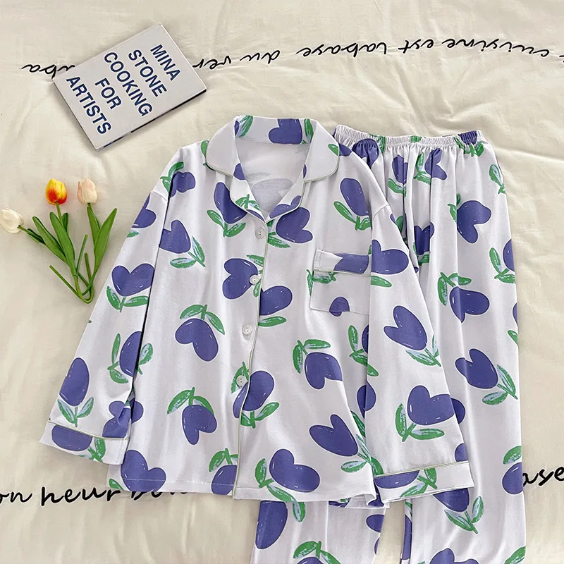 Blue Tulip Printing Spring and Autumn New Pajamas for Women, Long Sleeved, Sweet Stylish Spring Autumn Cardigan Youth Girl's Pjs