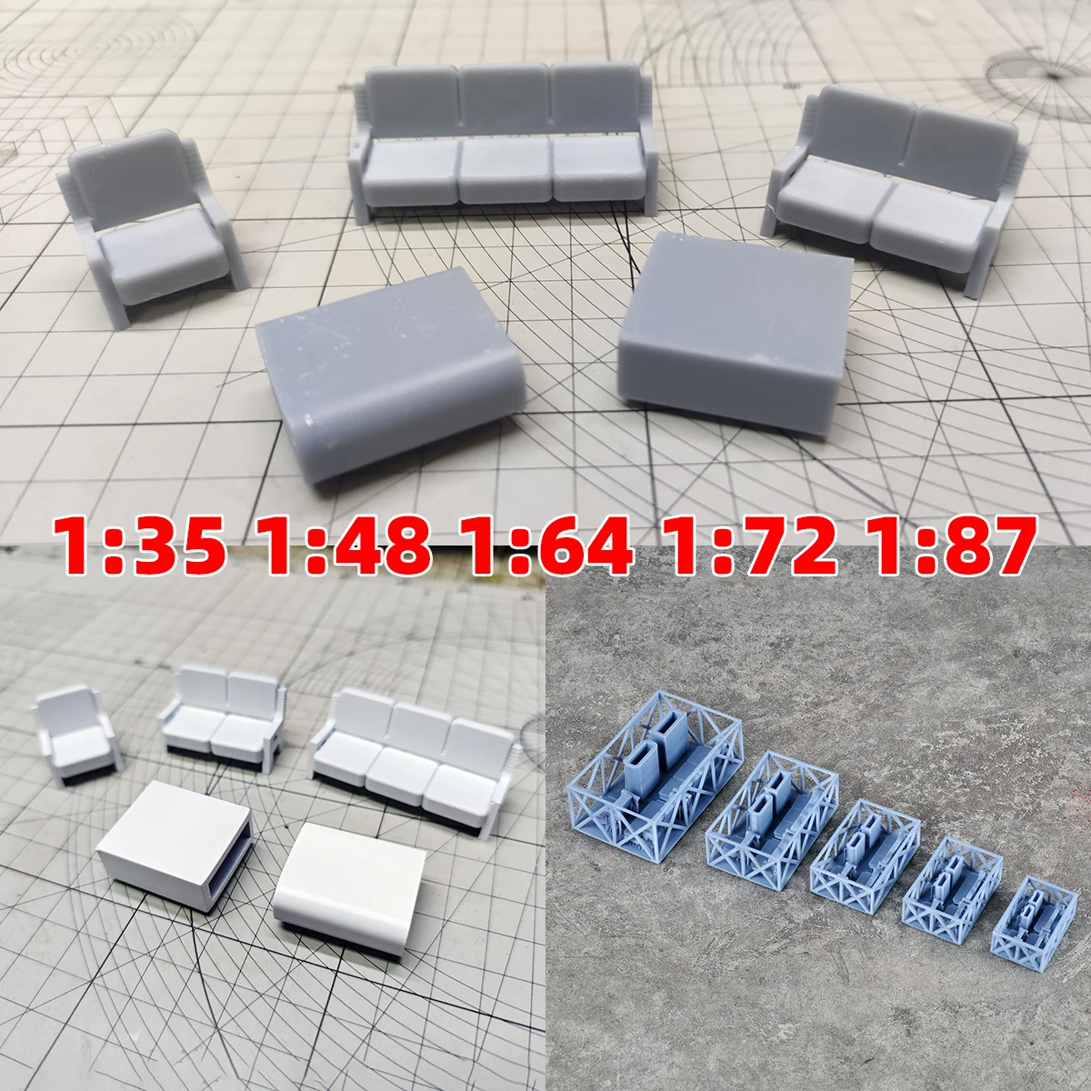 Scale Model Kit Sofa Couch Settee Coffee Table Tea Table Miniature Diorama Models Suits for House 1/35/48/64/72/87 HO