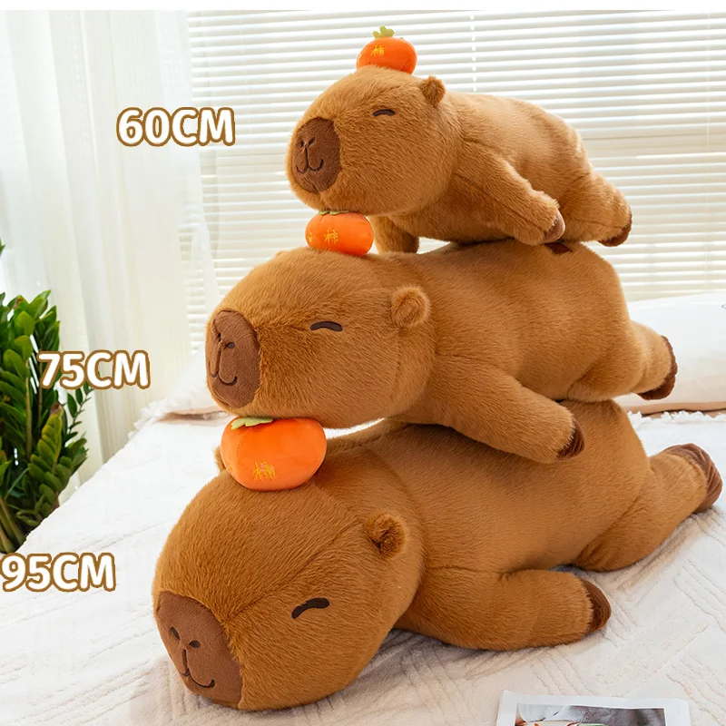 60-100cm Kawaii Cartoon Giant Strip Capybara Plush Doll Pillow Lying Orange Persimmon Creative Capybara Plush Toy Home Decor