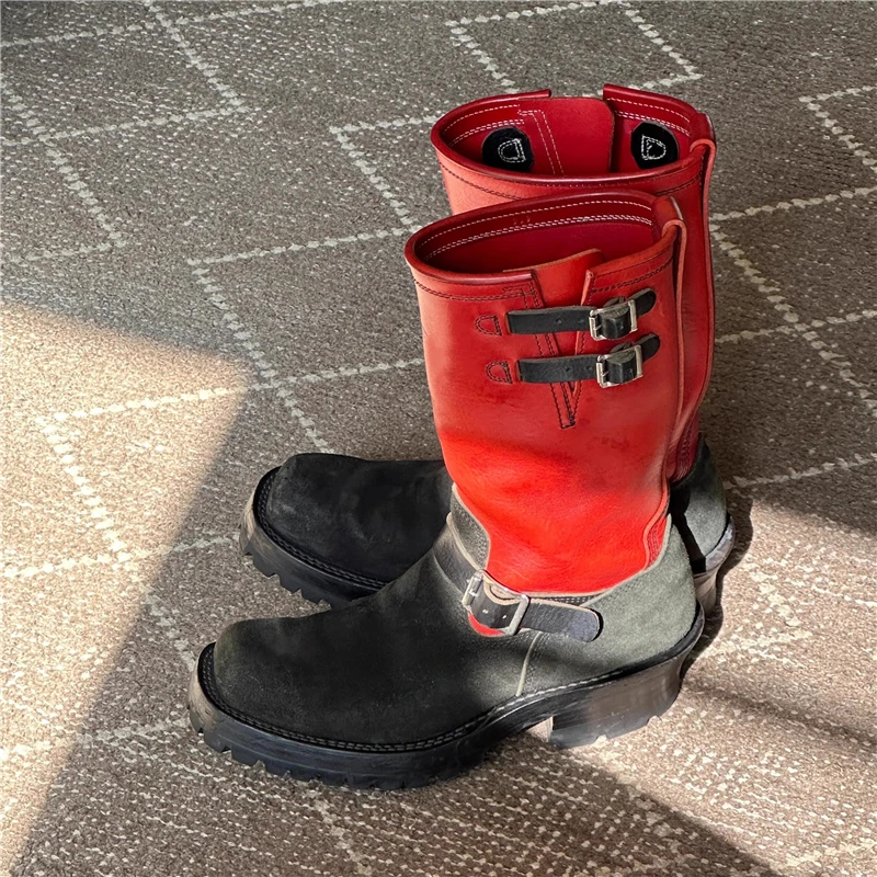 Black Red Mixed Colors Square Toe Mid Calf Boots Men and Women New Fashion Belt Buckle Thick Bottom Motorcycle Boots