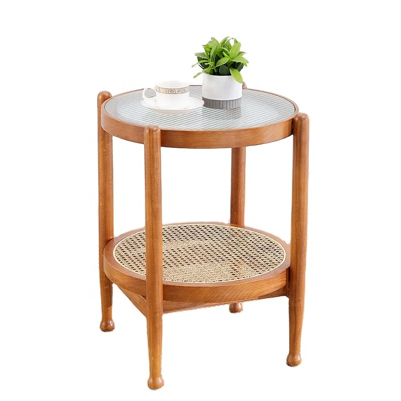 

Two-Tier round Cane Rattan Accent Table for Living Room or Hotel Home Furniture Elegant Corner Side Table
