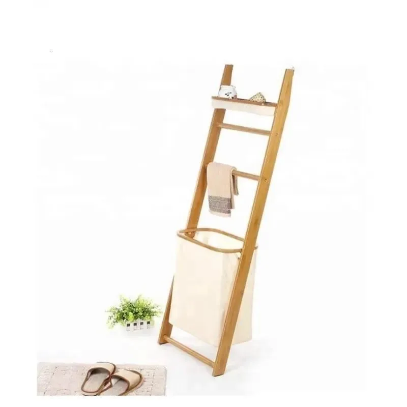 Custom Bamboo Blanket Ladder Wooden Shelving for Living Room Bedroom Bathroom Inclined Wall Storage Rack Home Decor Organizer