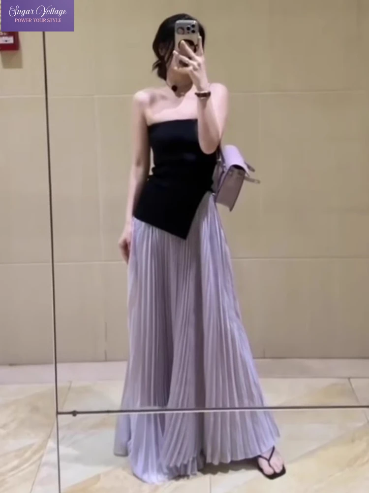 

Summer Elegant Sweet 2 Piece Set Women Purple Chiffon Long Cake Pleated Skirt + Y2K Sexy Knit Off Shoulder Tube Top Female Suit