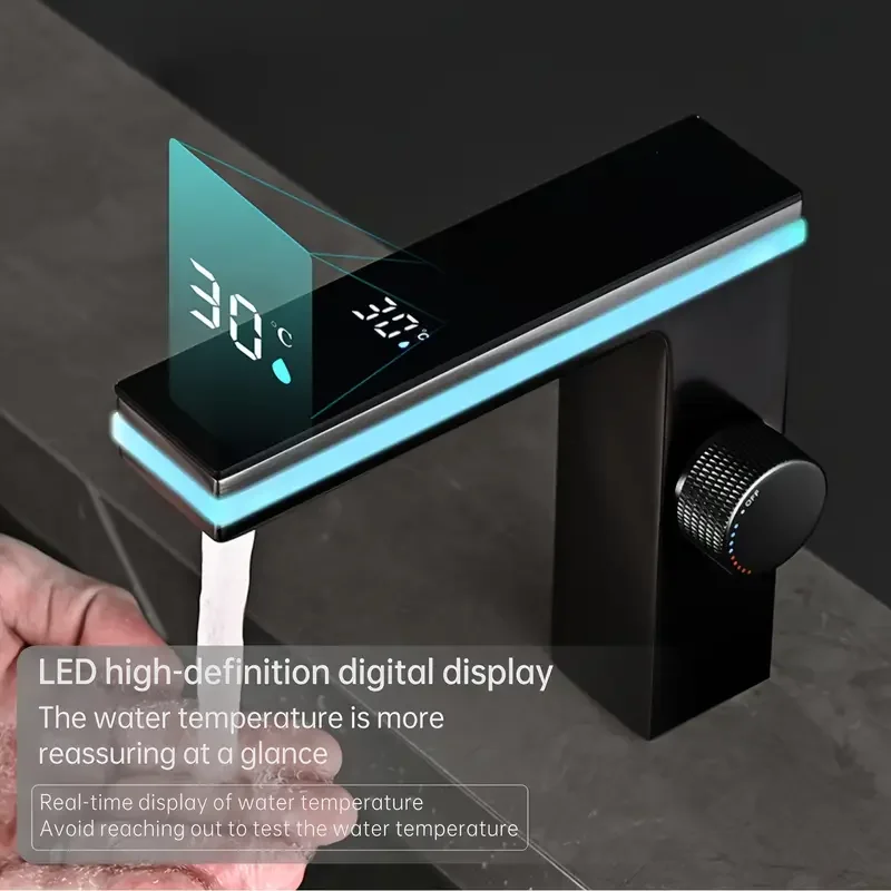 

Modern Black Single Hole Bathroom Sink Faucet with Digital Temperature Display - Battery-Free Hydraulic Power