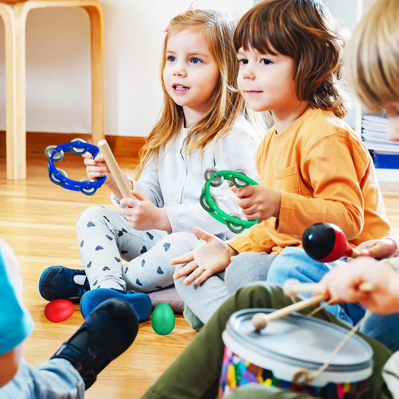 

8Pcs Colorful Plastic Percussion Tambourine Set with Bells Egg Shakers for Kids Musical Instruments Party School