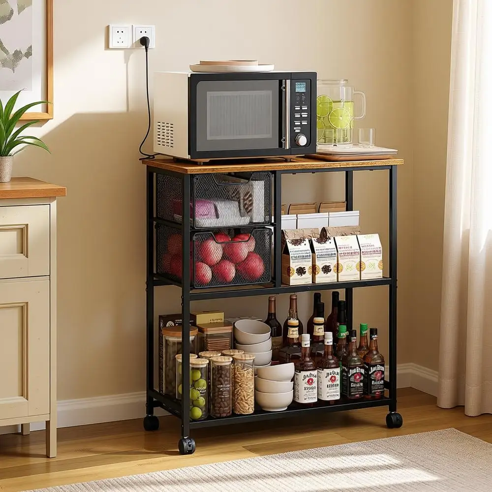 

Storage Kitchen Island Cart, 2-Drawer Table Cart for Fruits/Veggies, 2-Shelf Rolling Microwave Stand, Silent Casters Coffee Bar,