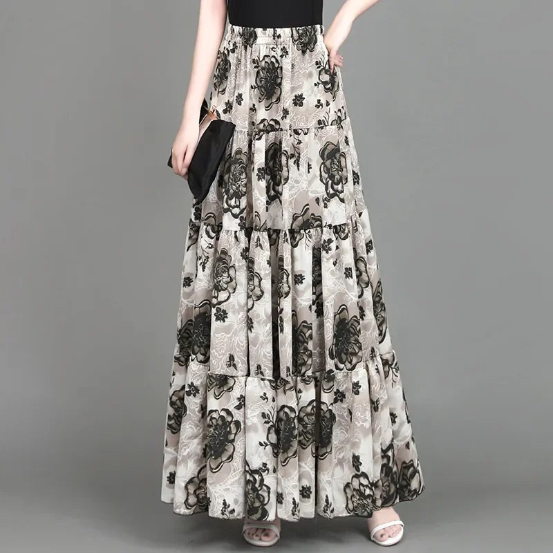 花柄のロングシフォンスカート,自由奔放に生きるスタイル,伸縮性のあるウエスト,大きいサイズ,足首の長さ,新しい夏のコレクション2024