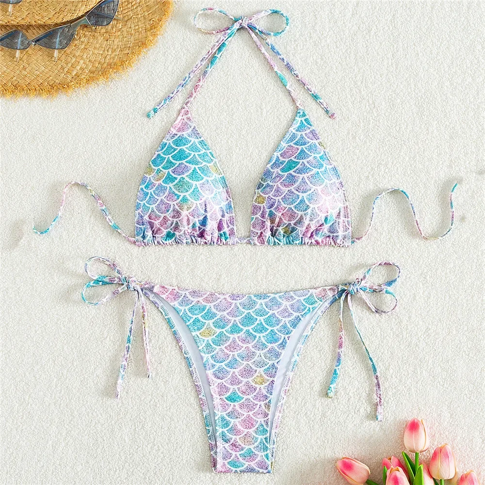 

Pink Blue Fish Scale Print Swimwear Triangle String Micro Thong Bikini Sexy Swimsuit Women 2024 Bathing Suit Halter Bikinis Sets