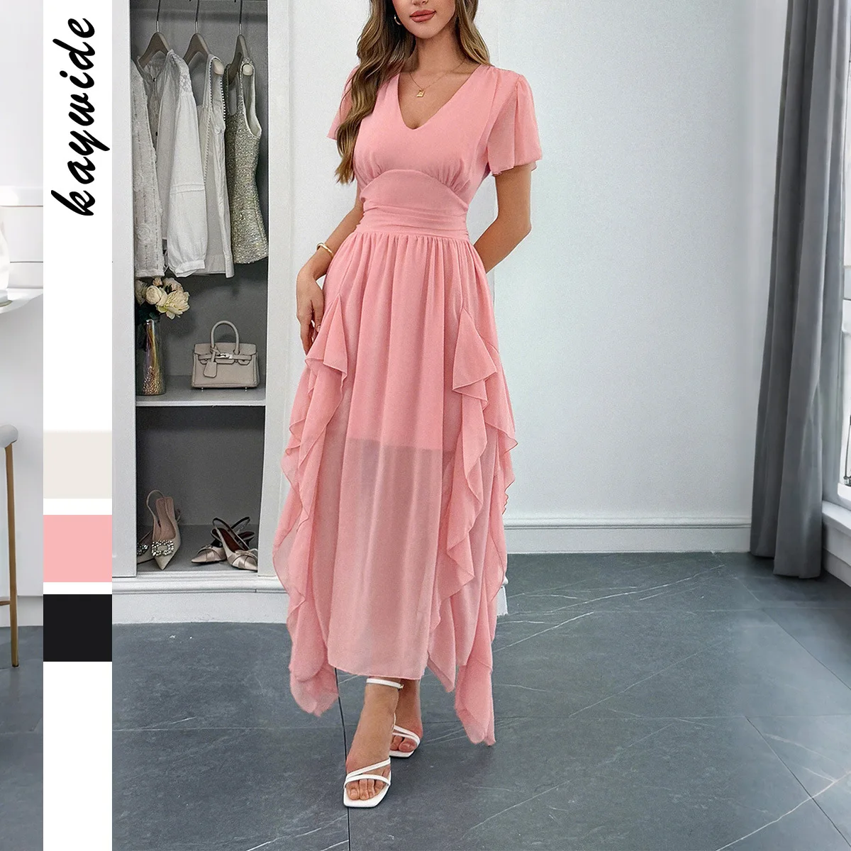 

High Quality Hot Selling Wholesale Leisure Vacation Short Sleeved Waist Tied Long Maxi Dress Women's Clothing 2025 Vestido Y2k