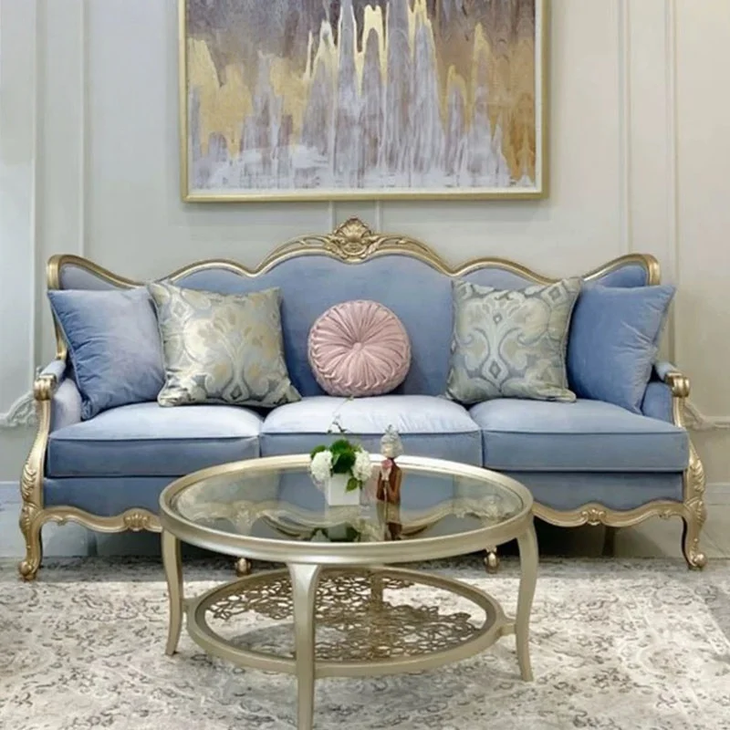 db-Meike Vienna French Sofa American Light Luxury Solid Wood Carving Genuine Leather Beech Fabric Living Room Combination@