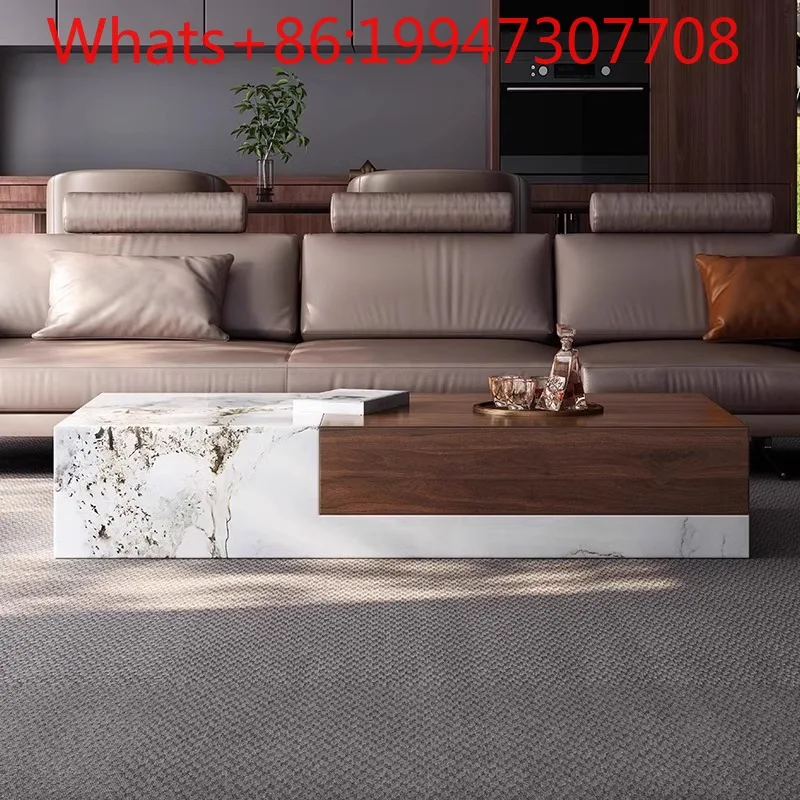 

Italian rock slab coffee table solid wood living room square household light luxury high-end table
