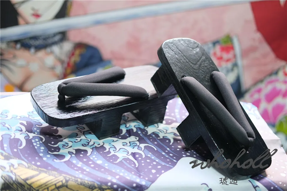 Schwarz Farbe Holz Geta Flip-Flops Mann Frauen Hausschuhe Japanischen Anime Coplay Kostüme Zwei-zähne Dicken Plattform Holz Clogs schuhe – Detail 8