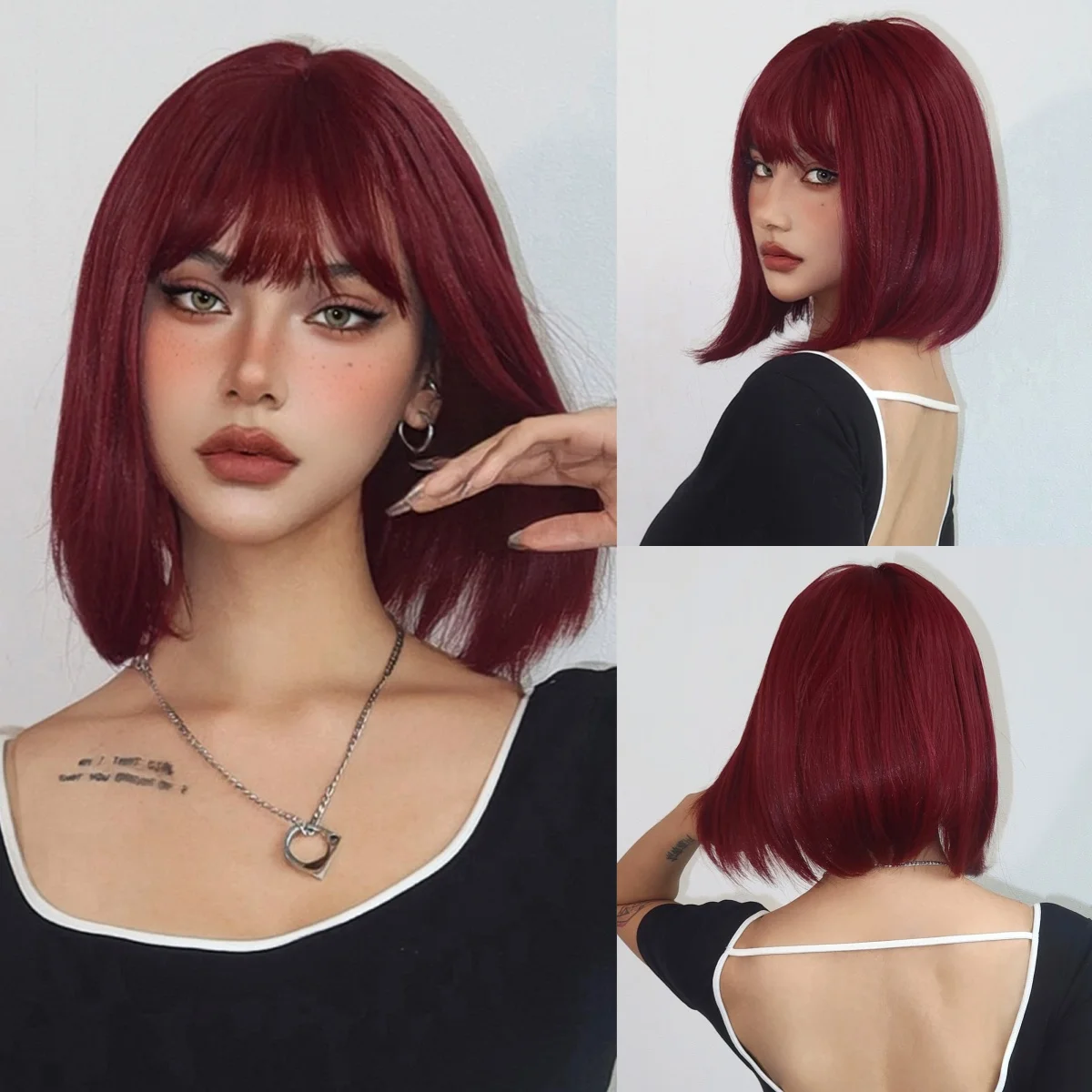 

Short Wine Red Bob Wigs For Women Burgundy Bob Wigs With Thick Bangs Heat Resistant Synthetic Wig