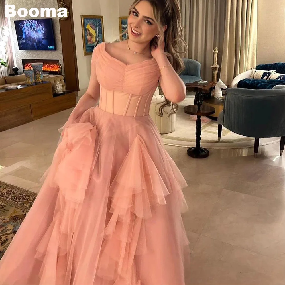 

Booma Pink Off the Shoulder Prom Dresses Bone Corset Ruffles Tulle Graduation Party Evening Dresses Floor Length robes de soirée